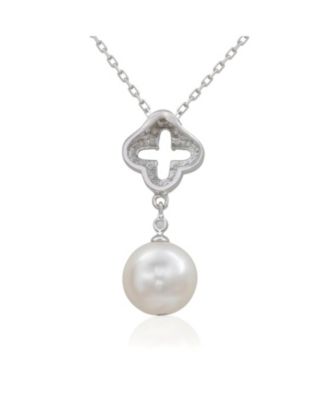 Suzy Levian Sterling Silver Clover White Sapphire and Cultured Pearl Pendant