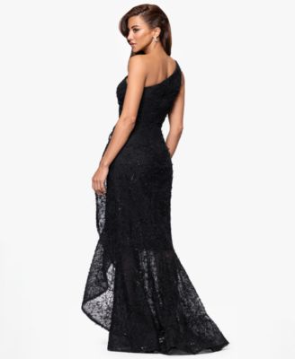 Petite Sequin Embroidery One-Shoulder High-Low Gown