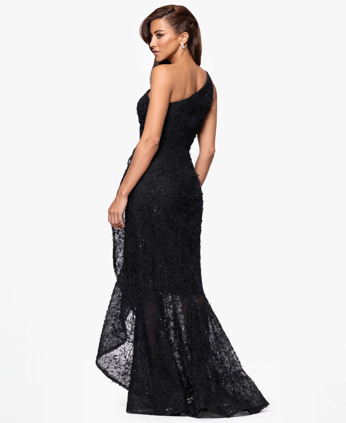 Xscape Petite Sequin Embroidery One-shoulder High-low Gown In Black