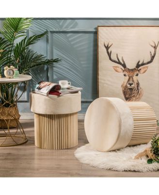 - White Boucl&eacute; Pouf with Storage Vintage Style Upholstery Living Room