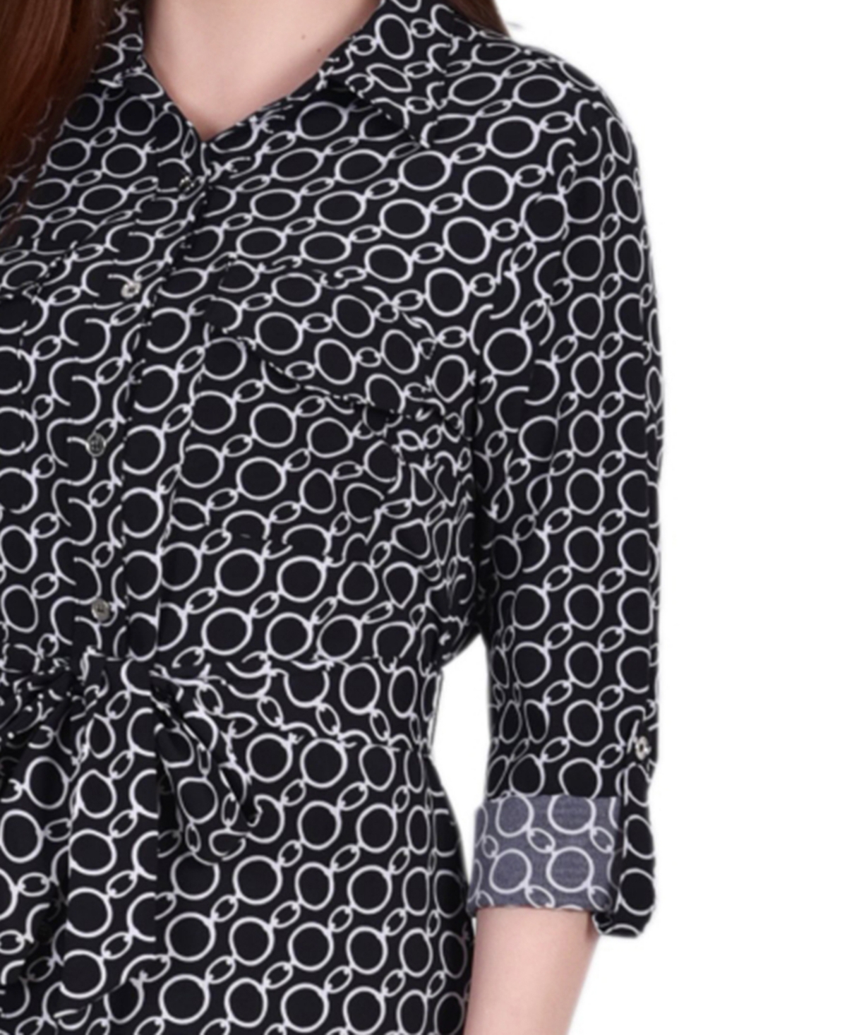 Ny Collection Petite Geometric Printed Long Sleeve Roll Tab Shirtdress In Black