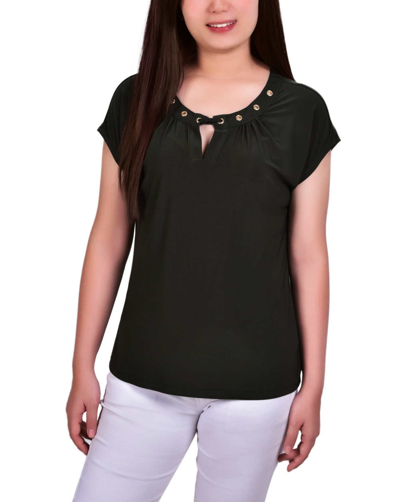 Женский топ NY Collection Petite Grommet Neck Knit Short Extended Sleeve, цвет: Чёрный — фото 1
