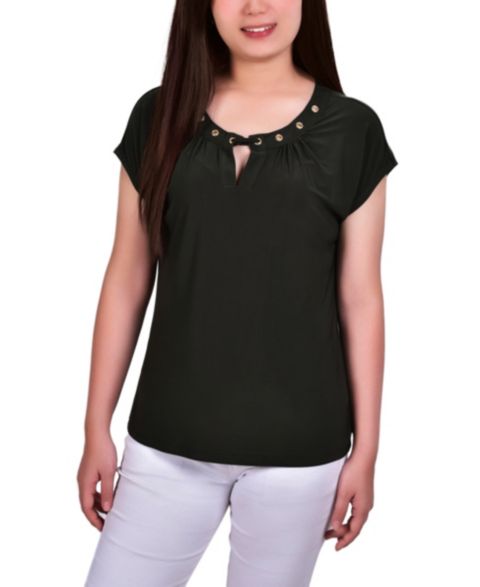 Женский топ NY Collection Petite Grommet Neck Knit Short Extended Sleeve, цвет: Чёрный