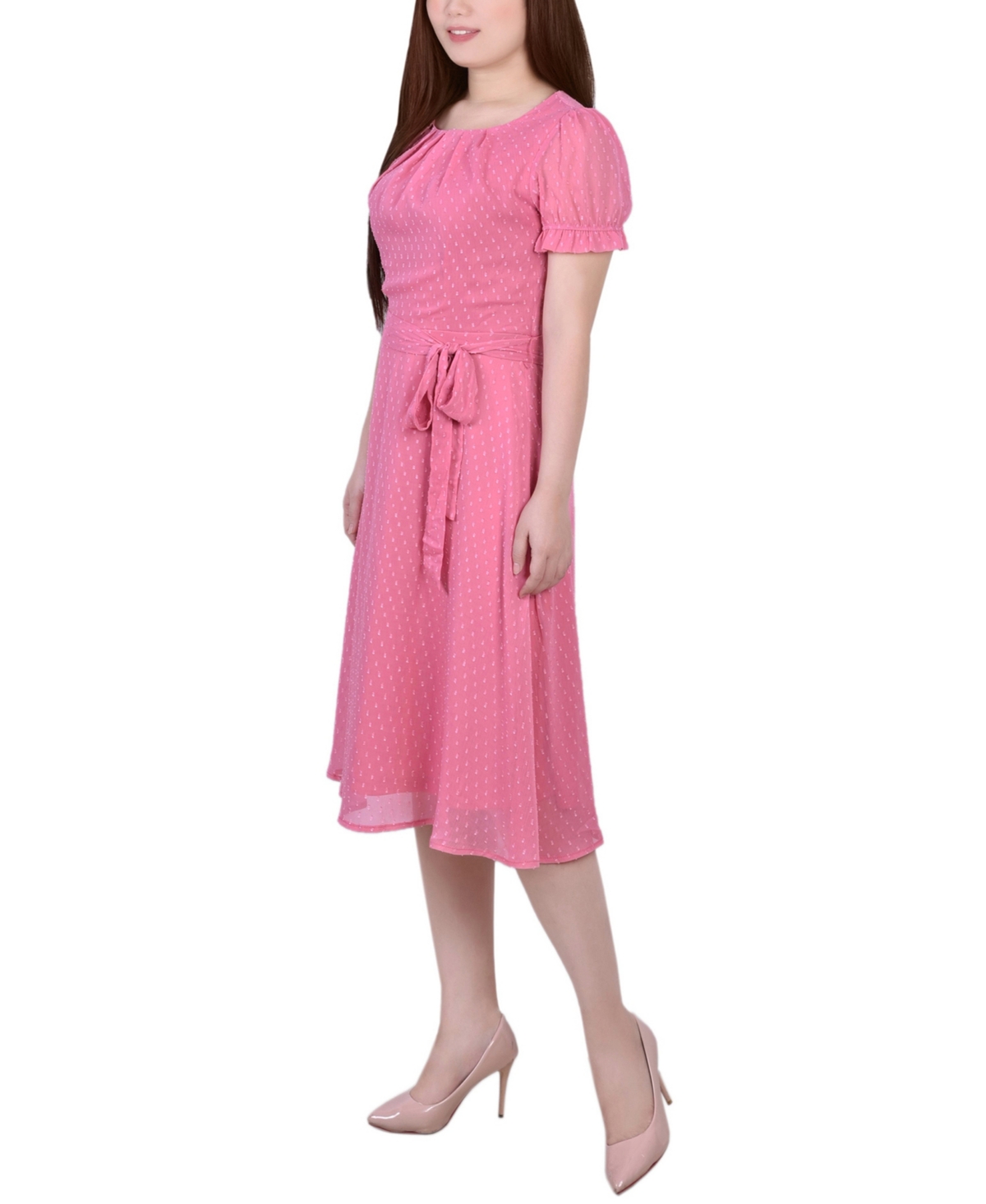 Ny Collection Petite Short Sleeve Belted Swiss Dot Dress In Pink