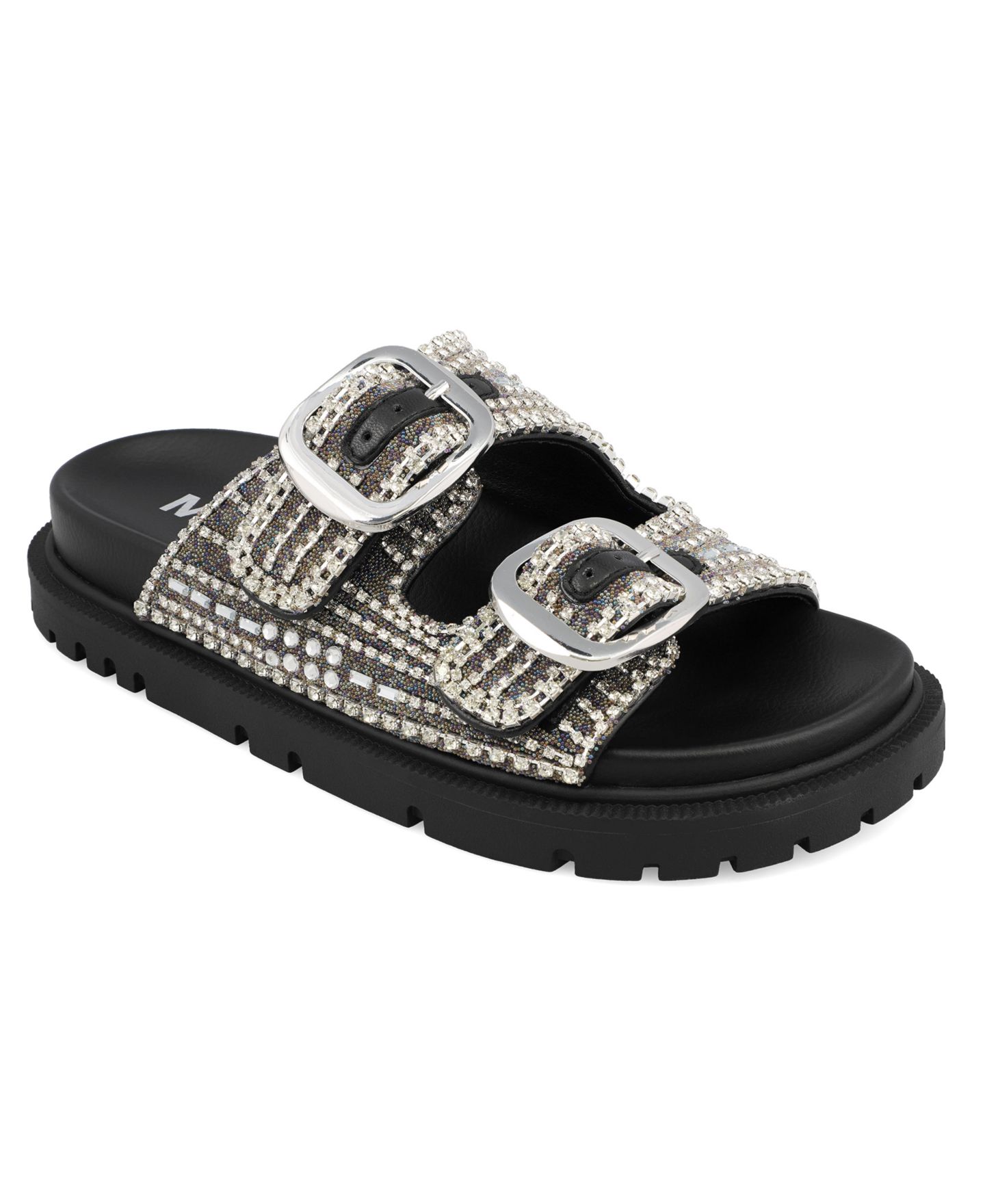 Женские сандалии MIA Thora Double Buckle Stone Detailed Slide, цвет: Чёрный / Серебряный — фото 1