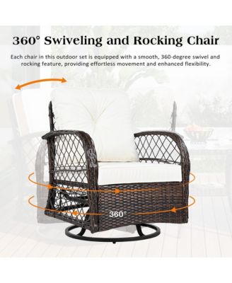 3-piece Outdoor Chair&Table Set Chat Set 2-person Rattan Seating Group with Two Swiveling and Rocking Chairs and a Square Table for Garden, Patio, or Balcony, Brown