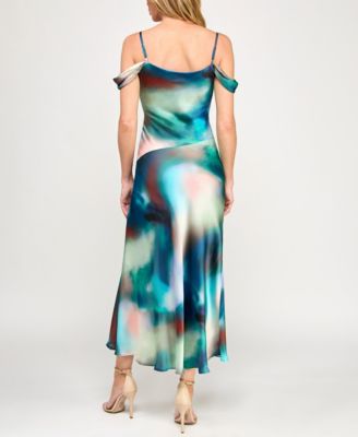 Juniors' Sleeveless Cold Shoulder Midi Slit Dress