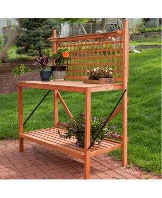 Outdoor Weather-Resistant Fir Wood Potting Bench Garden Table with Lattice Back