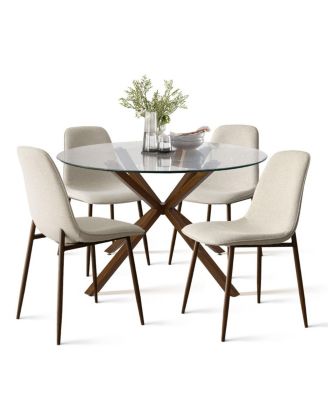 5 Piece Set 39.4 Inch Round Glass Table Upholstered Fabric Chairs Walnut Metal Legs Modern Dining Room Set
