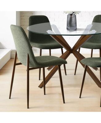 5 Piece Set 39.4 Inch Round Glass Table Upholstered Fabric Chairs Walnut Metal Legs Modern Dining Room Set