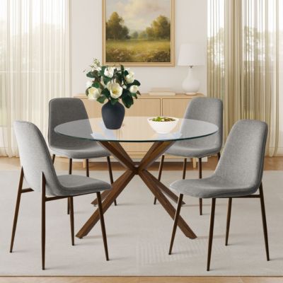 5 Piece Set 39.4 Inch Round Glass Table Upholstered Fabric Chairs Walnut Metal Legs Modern Dining Room Set