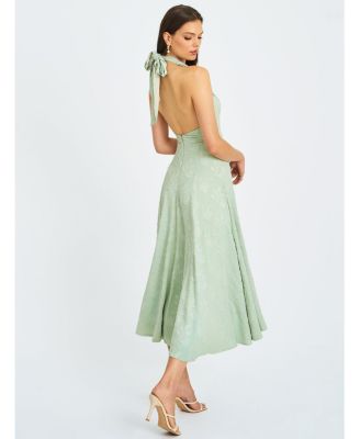 Women Magda Mint Green Deep V Neck Halter A-line Midi Dress