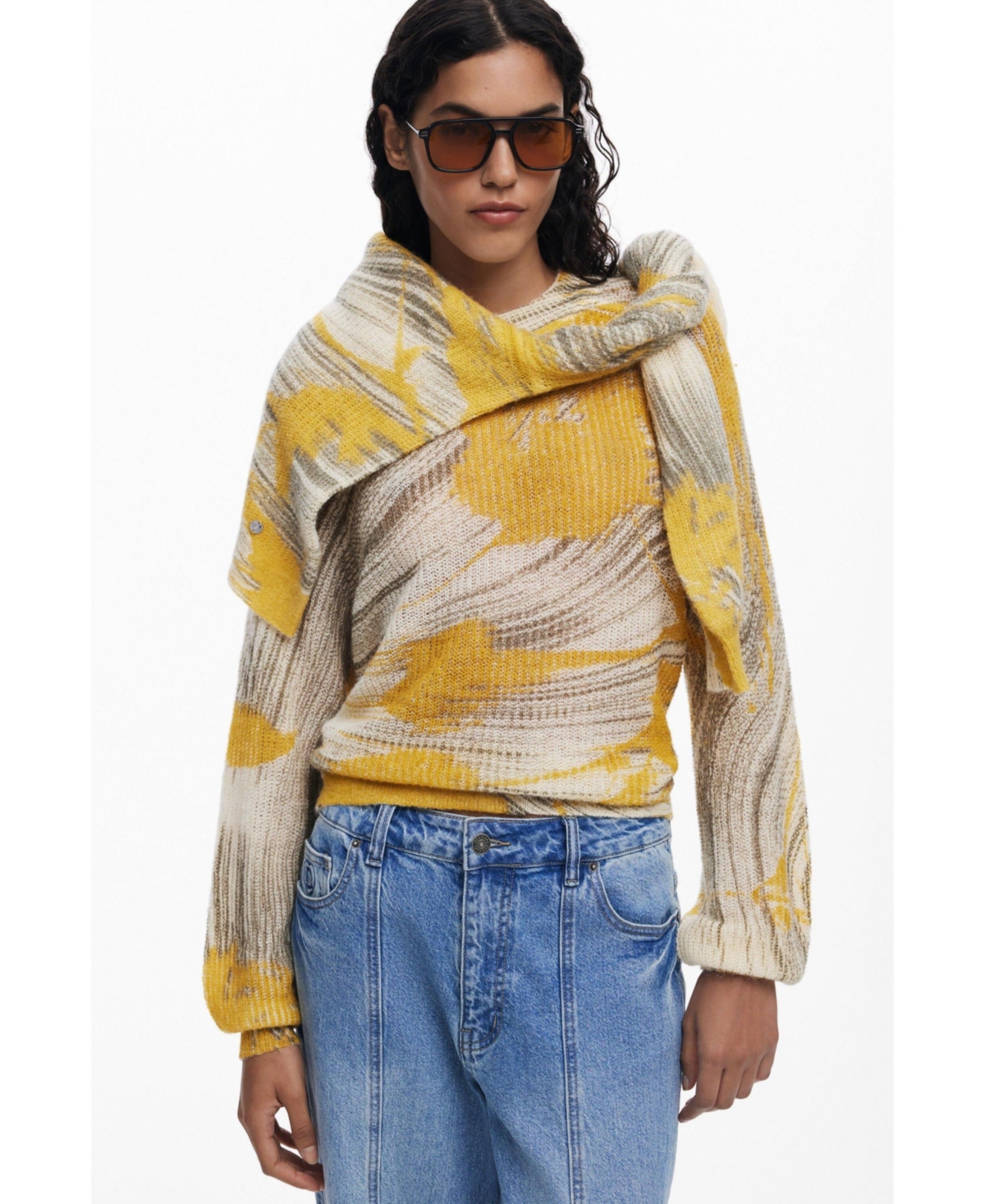 Desigual Abstract Print Crewneck Sweater In White