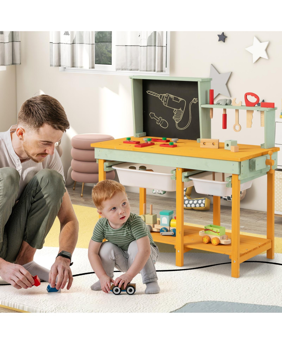 Akiudex Wooden Kids Workbench Toy with Tools, Blackboard, and Storage for Ages 3–8