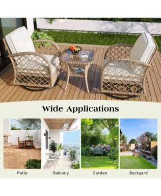3-piece Outdoor Chair&Table Set Chat Set 2-person Rattan Seating Group with Two Two Swiveling and Rocking Chairs and a Square Table for Garden, Patio, or Balcony, Natural
