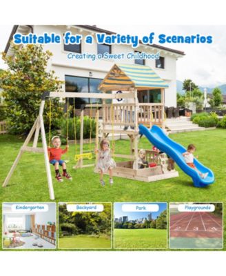 Backyard Wooden Swing Set Slide Playset for Kids Outdoor Climbing Wall Sandpit