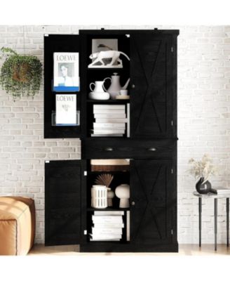Kitchen Pantry Storage Cabinet 72.6" H, with Barn Doors, Drawer, Black