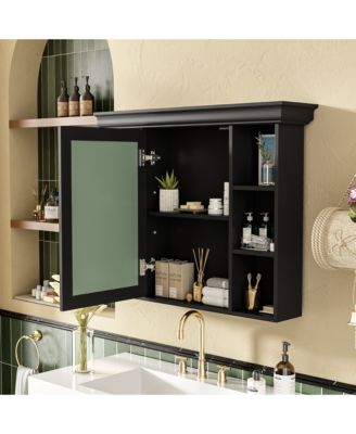 35" x 28" Wall Mounted Medicine Cabinet with Mirror Door and 6 Open Shelves, Modern Bathroom Cabinet