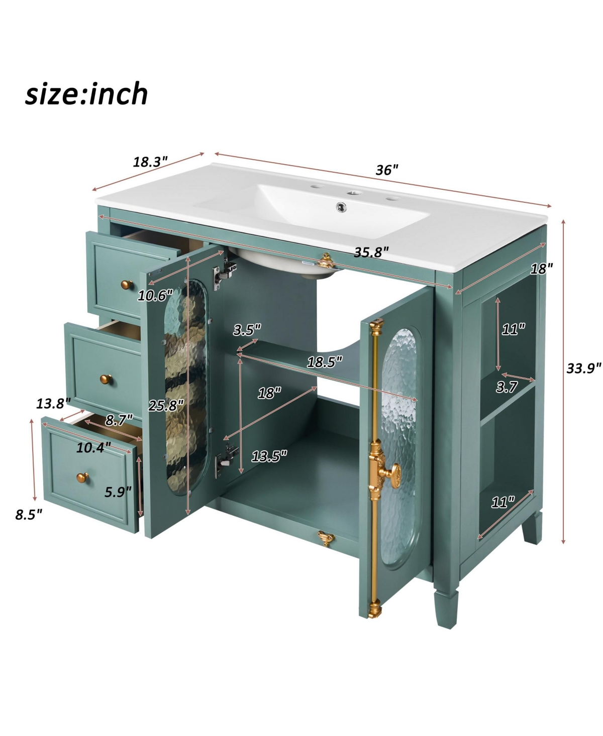 Casainc 36" Bathroom Vanity with 2 Soft Close Doors and 3 Drawers, Solid Wood Storage Cabinet