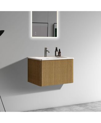 Etna 24" Floating Vanity With Ceramic Sink and Striped Oak Finish, Pre-Assembled