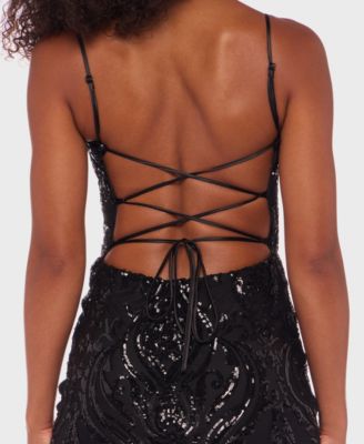 Juniors' Strappy Mesh Sequin Bodycon Dress
