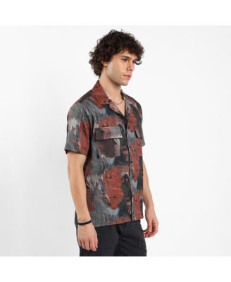 Men's Chocolate Brown & Midnight Black Abstract Utility Oversized Shirt