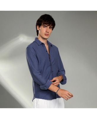 Men's Aegean Blue Geometric-Weave Textured Shirt