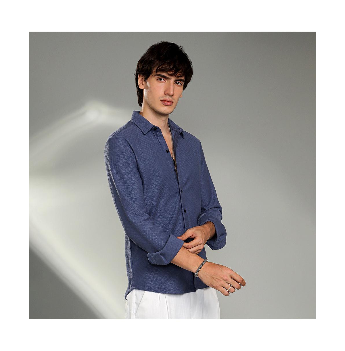 Campus Sutra Men's Aegean Blue Geometric-Weave Textured Shirt
