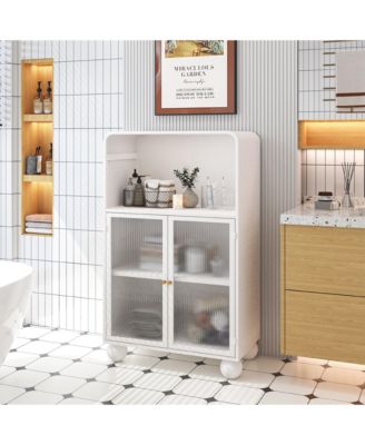 45.28" Freestanding Bathroom Floor Cabinet With Glass Door and Open Storage Shelves