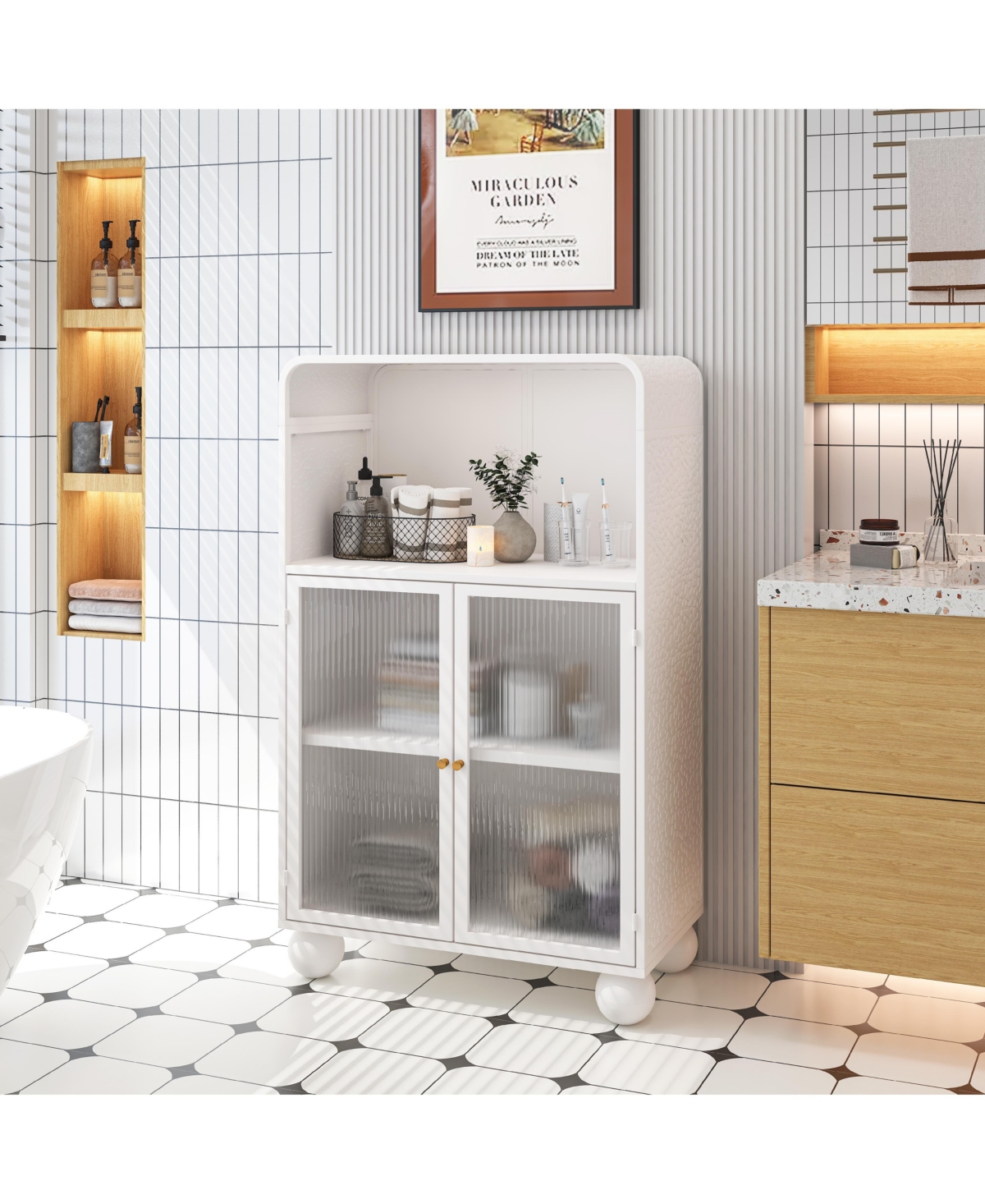 Casainc 45.28" Freestanding Bathroom Floor Cabinet With Glass Door and Open Storage Shelves