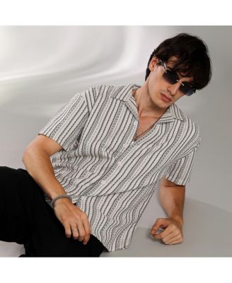 Men's Off-White & Midnight Black Striped-Weave Oversized Shirt