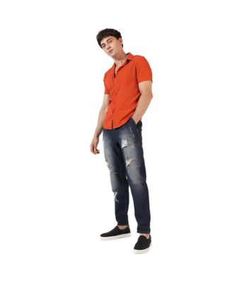 Men's Burnt Orange Textured Regular Fit Casual Shirt
