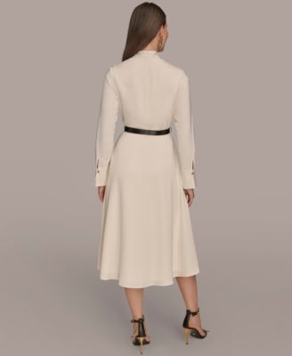 Women's Satin V-Neck Belted A-Line Midi Dress