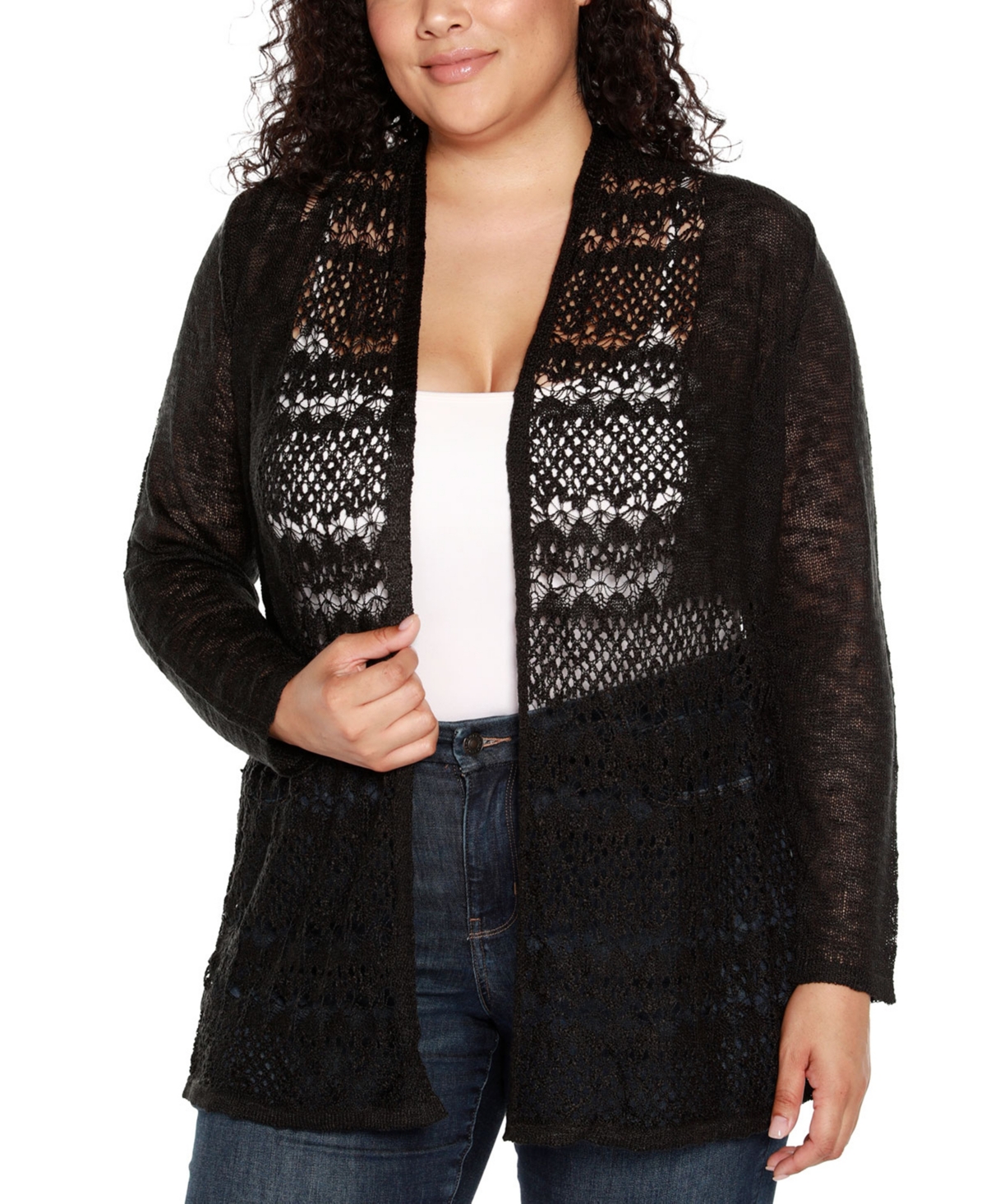 Belldini Plus Size Open-front Pointelle-trim Cardigan Sweater In Black