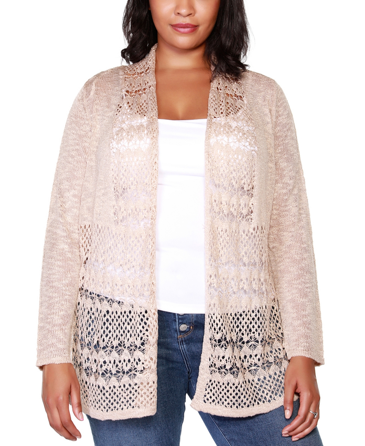 Belldini Plus Size Open-front Pointelle-trim Cardigan Sweater In Pink