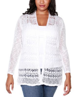 Plus Size Open-Front Pointelle-Trim Cardigan Sweater