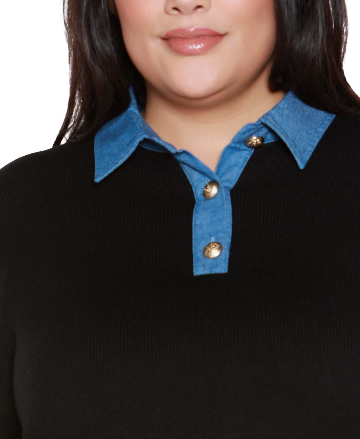 Belldini Plus Size Denim-trim Two-fer Sweater In Black