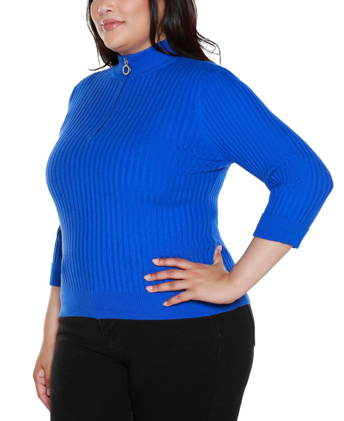 Belldini Plus Size Ribbed Quarter-zip Sweater In Blue
