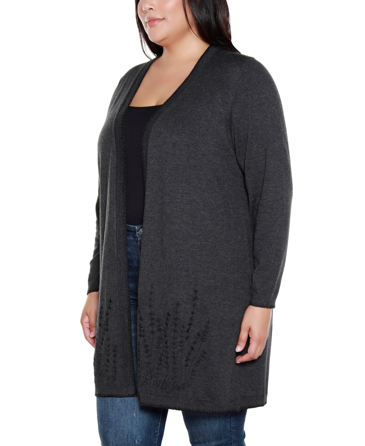 Belldini Plus Size Embroidered Open-front Cardigan Sweater In Black