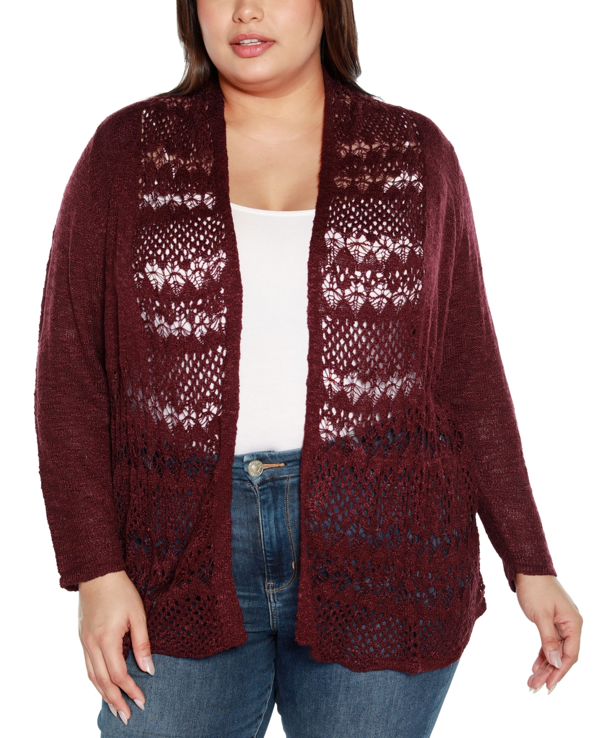 Belldini Plus Size Open-front Pointelle-trim Cardigan Sweater In Burgundy