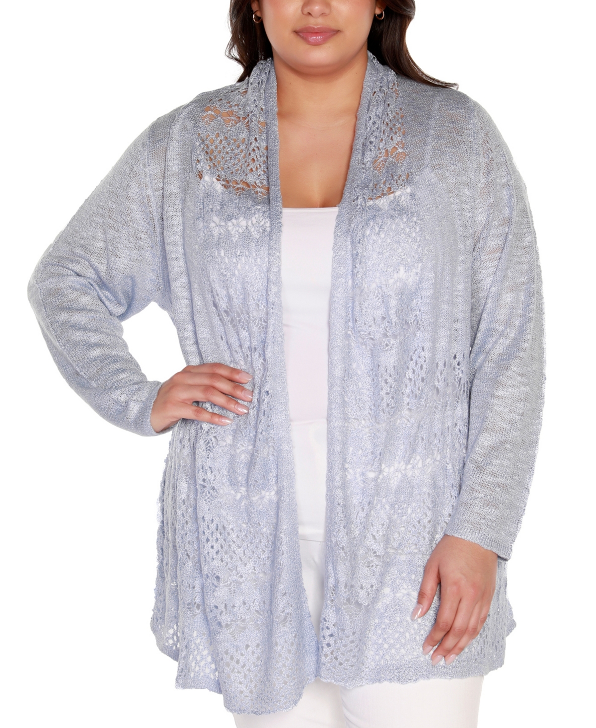 Belldini Plus Size Open-front Pointelle-trim Cardigan Sweater In Blue