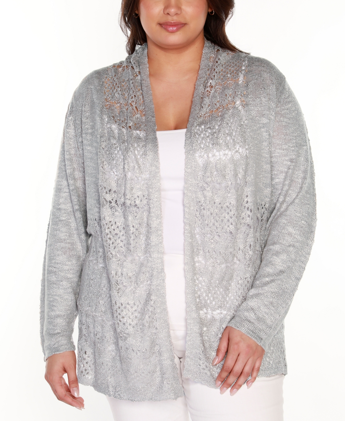 Belldini Plus Size Open-front Pointelle-trim Cardigan Sweater In Gray