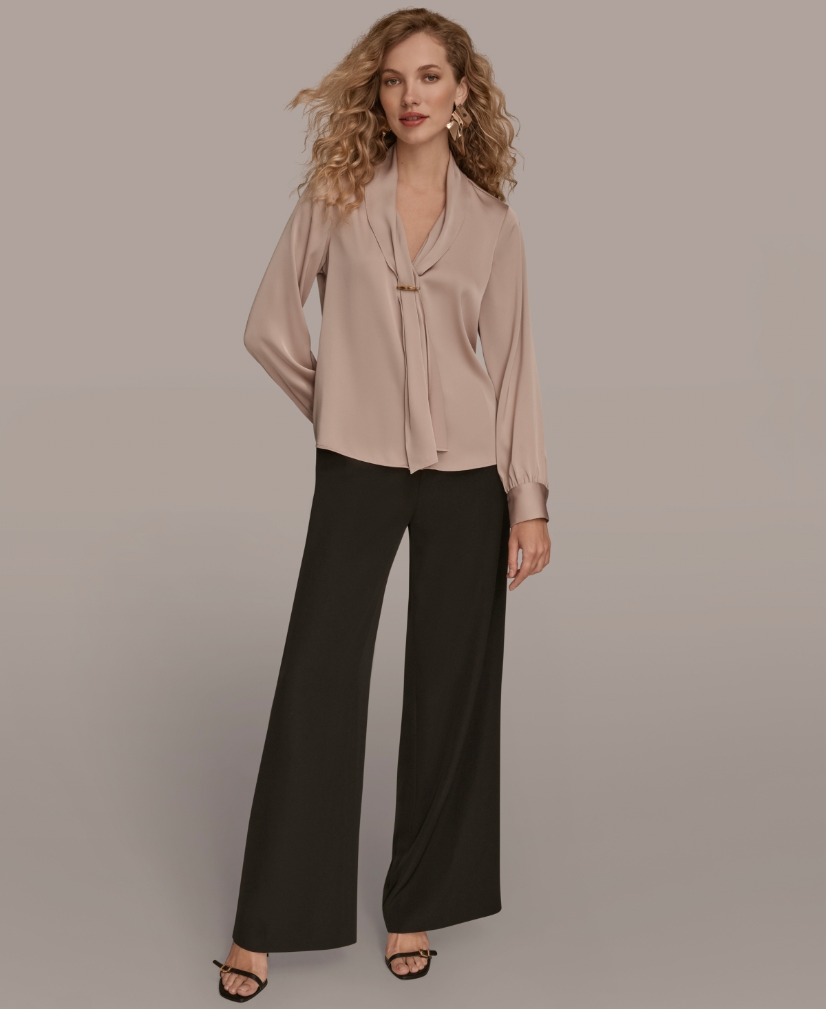 Donna Karan New York Tie Neck Satin Shirt In Brown