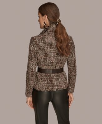 Women's Wide Lapel Collar Belted Tweed Blazer