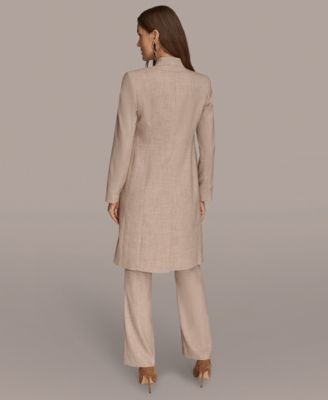 Donna Karan Womens Petites Four Button Long Blazer Coat Sleeveless Boat Neck Tank Top Straight Leg Pant In Brown
