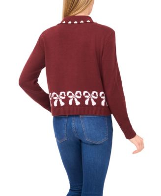 Women's Ribbon Jacquard Collared Cardigan Sweater