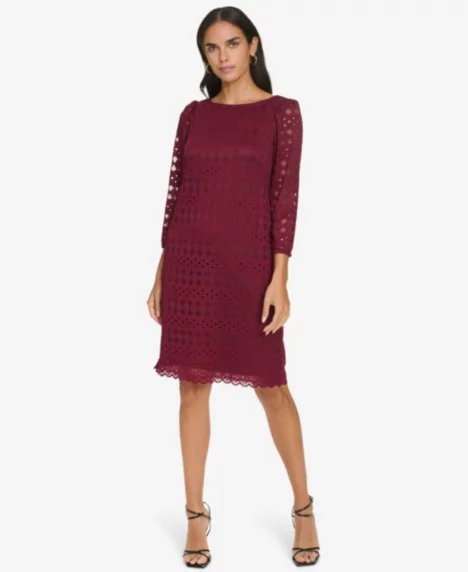 Petite Lace 3/4-Sleeve Shift Dress - Wine