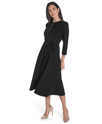 Petite Fit and Flare 3/4-Sleeve Midi Dress