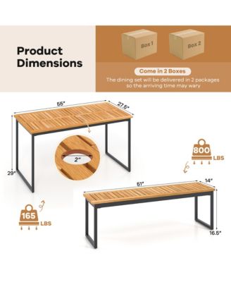 3 PCS Outdoor Dining Set for 6 w/Acacia Wood Tabletop Metal Frame Umbrella Hole