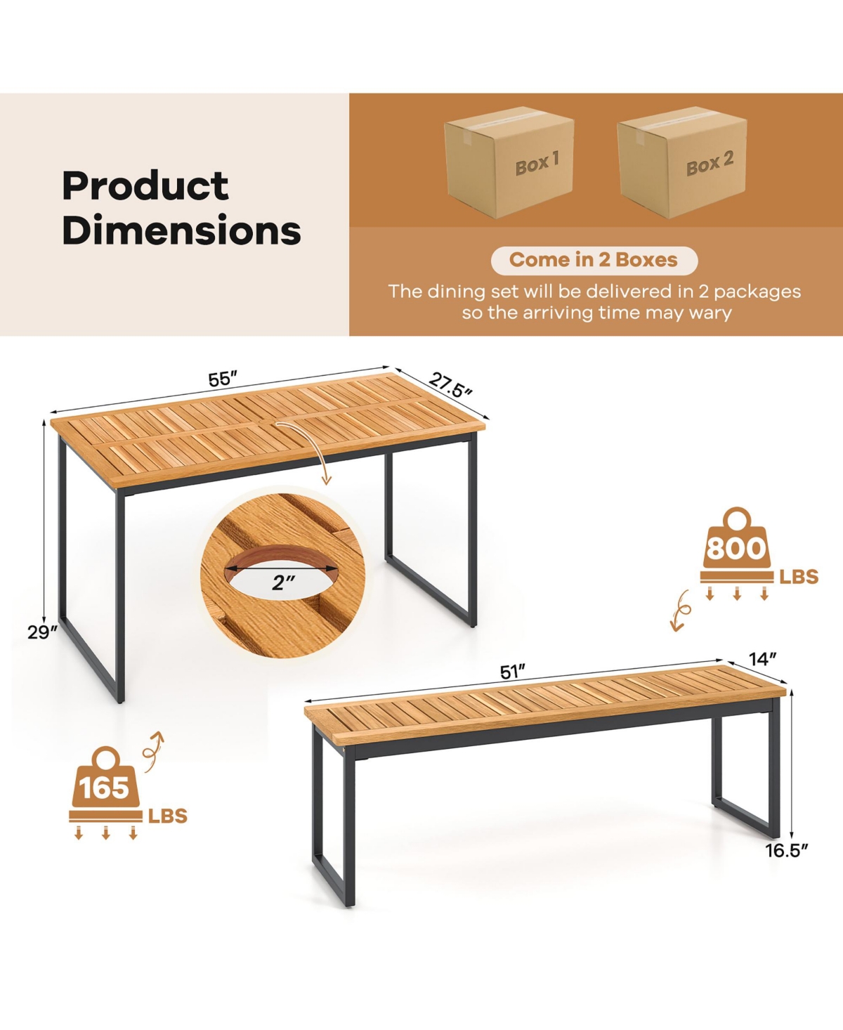 Gymax 3 Pcs Outdoor Dining Set for 6 w/Acacia Wood Tabletop Metal Frame Umbrella Hole